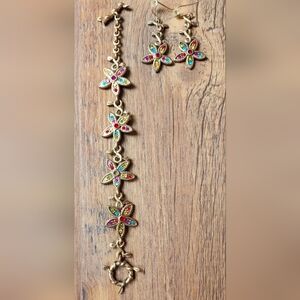 Nautical foral rhinestone bracelet and earring jewelry Set